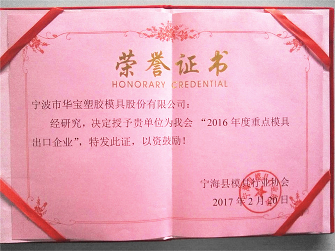 華寶公司榮獲寧海縣模具行業協會“2016年度重點模具出口企業”